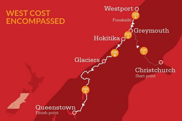 NZ West Coast Self Drive Itinerary Map